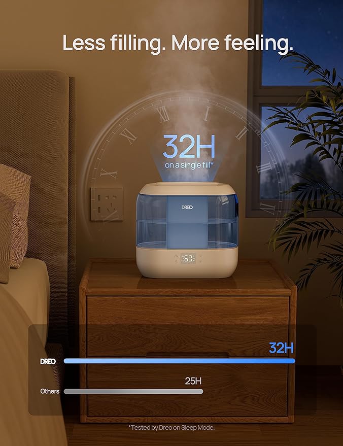 Dreo Humidifiers for Bedroom, Top Fill 4L Smart Cool Mist Humidifier with Oil Diffuser, Cartridge, Nightlight, 32H Runtime, Quiet Ultrasonic Humidifiers for Home, Baby Nursery, Plants, Office, HM311S