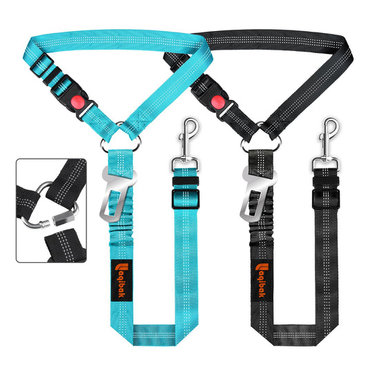 Removable Dog Seat Belt Harness for Car, 3 in 1 Pet Dog Car Seatbelt Leash, Retractable Restraint Secures to Vehicle Headrest & Adjustable Reflective Bungee Dog Seatbelt Tether, Blue and Black