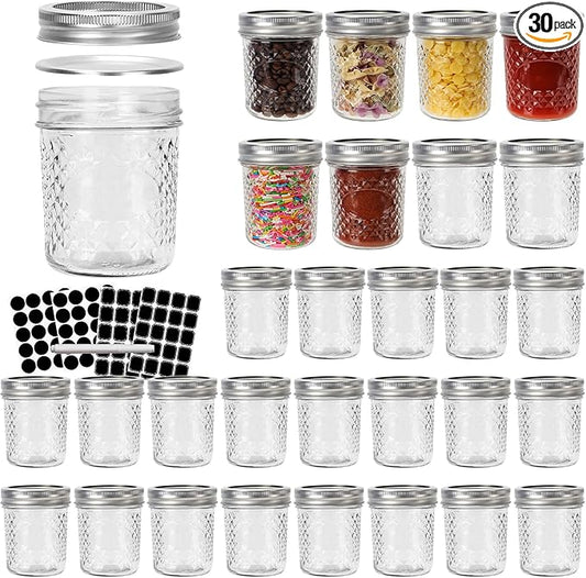 CycleMore 6 oz Mason Jars with Airtight Lids and Bands, 30 Pack Regular Mouth Glass Canning Jars, Small Glass Canisters for Jelly, Sauce, Jam, Honey, Juice, Wedding Favors, Shower Favors