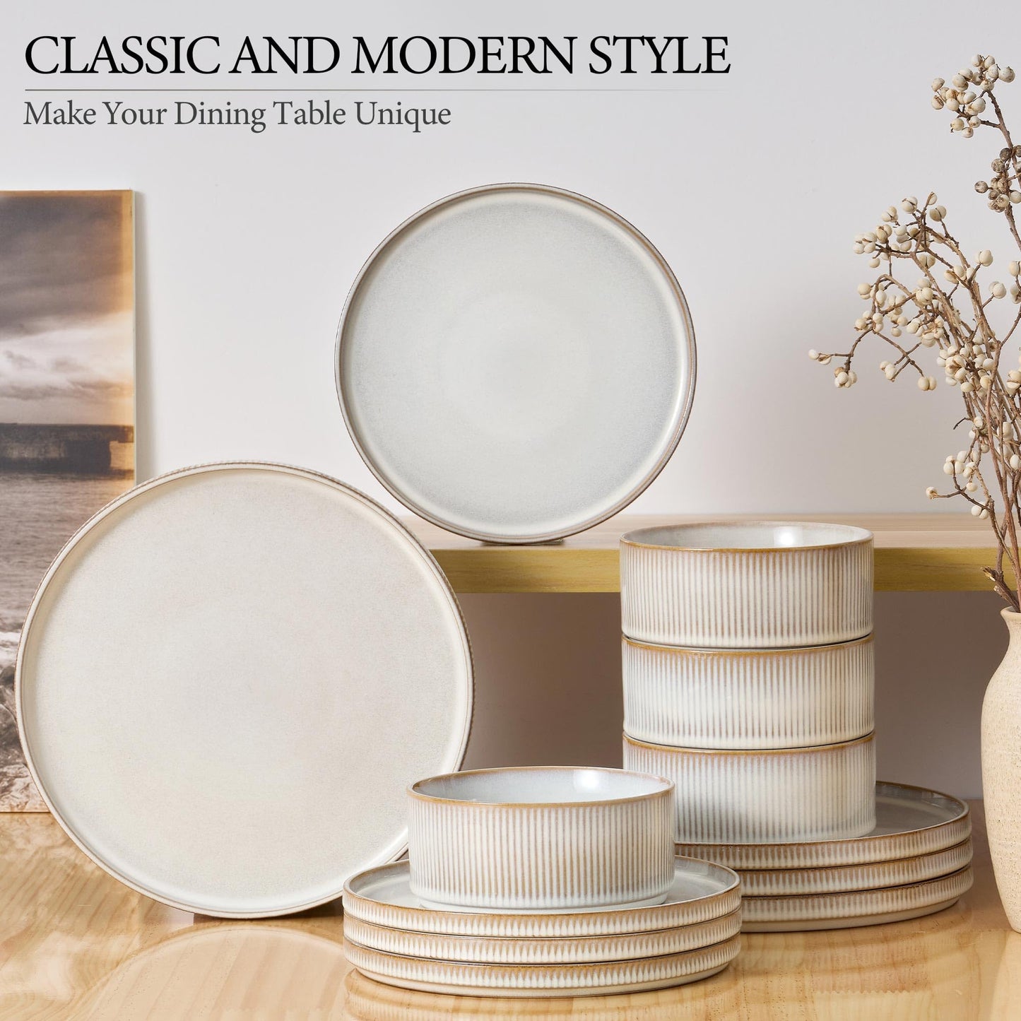 E-far 12-Piece Plates and Bowls Sets, Stoneware Dinnerware Dishes Sets for 4, Kitchen Modern Dining Dishware, Chip & Scratch Resistant, Microwave & Dishwasher Safe, Creamy Beige