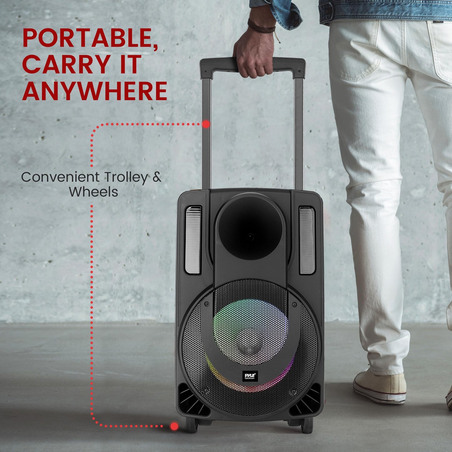 Pyle 15’’ Bluetooth Portable PA Speaker System – Rechargeable Karaoke Party Speaker with Wireless & Wired Microphones, LED Lights, Tablet Stand, USB/SD/FM Radio, Trolley Wheels for Indoor/Outdoor Use