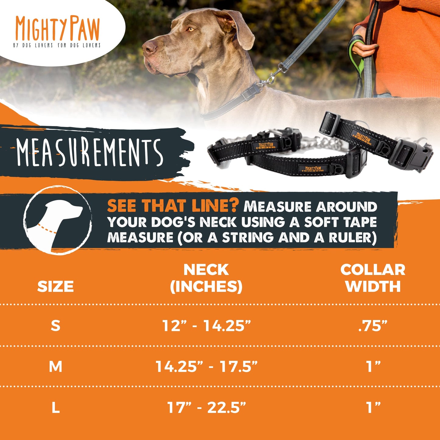 Mighty Paw Martingale Dog Collar 2.0 | Trainer Approved Limited Slip Collar with Stainless Steel Chain & Heavy Duty Buckle - Modified Cinch Collar for Gentle & Effective Pet Training - Large, Black