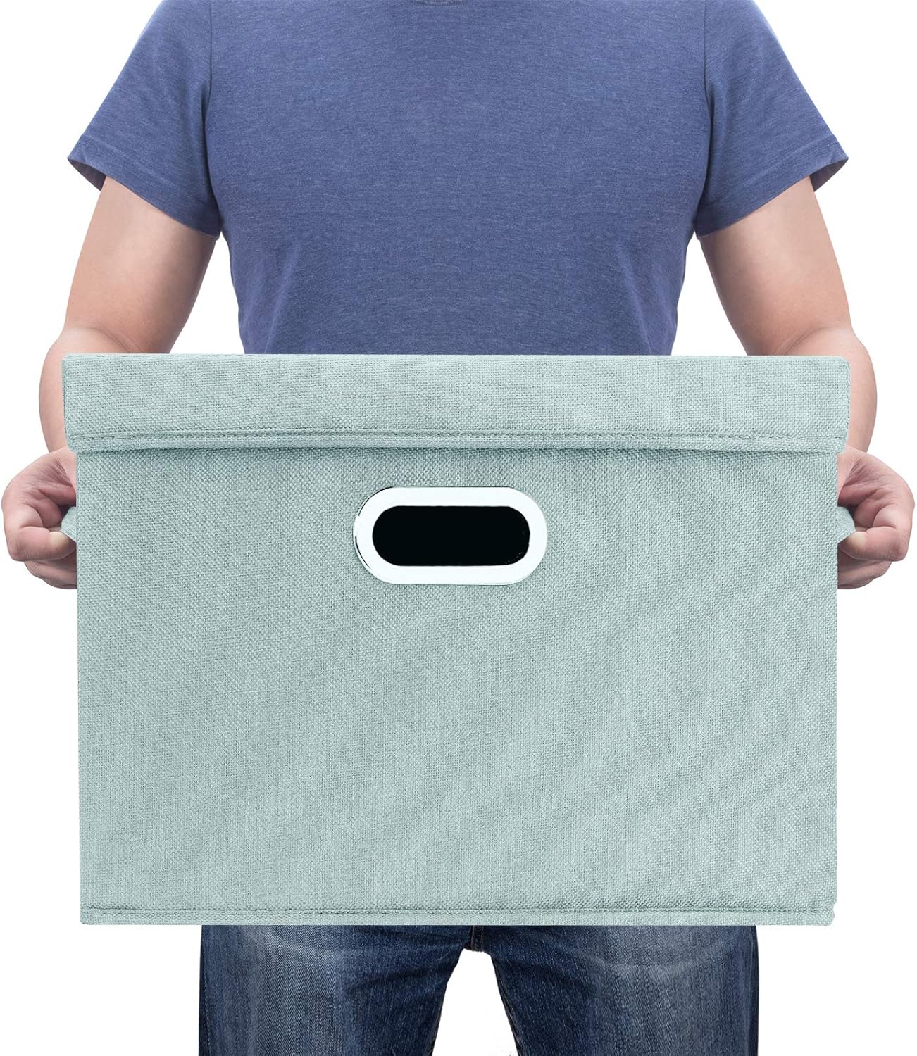 TYEERS Large Storage Bins with Lids, Collapsible, Washable, Fabric Storage Boxes for Organizing, 17.3x11.8x11.4 inches, 3 Pack, Aqua Spring