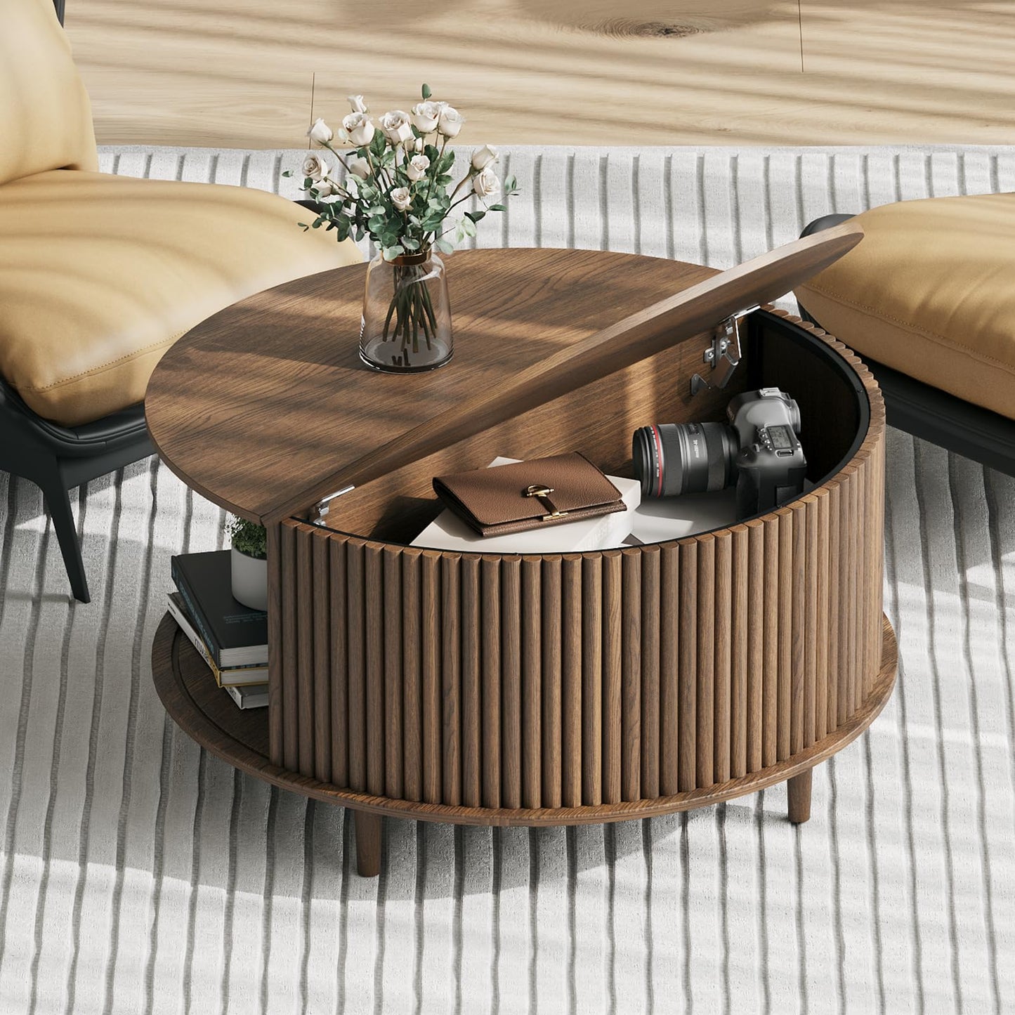 JOINICE, Round Coffee Table with Storage, Mid Century Modern Center Table with Sliding Cabinet Door, Fluted Dining Table for Living Room, Home Small Space, 31.5", Walnut