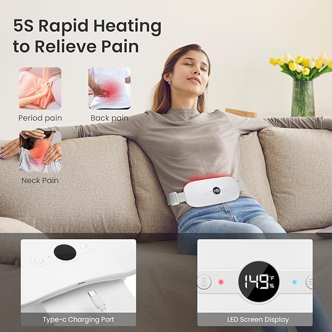 NOWWISH Heating Pad for Period Cramps Pain Relief, Portable Electric Cordless Menstrual Heating Pad Rechargeable with 6 Heat Levels and 6 Massage Modes, College Dorm Room Essentials for Girls, White