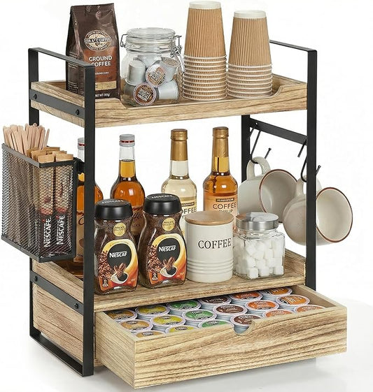 Coffee Station Organizer Countertop, Wooden Coffee Bar Accessories Organizer with Basket, 2 Mug Holder Hooks and Pod Drawer, Multifunctional 2 Tier Countertop Organizer for Kitchen, Bathroom, Office
