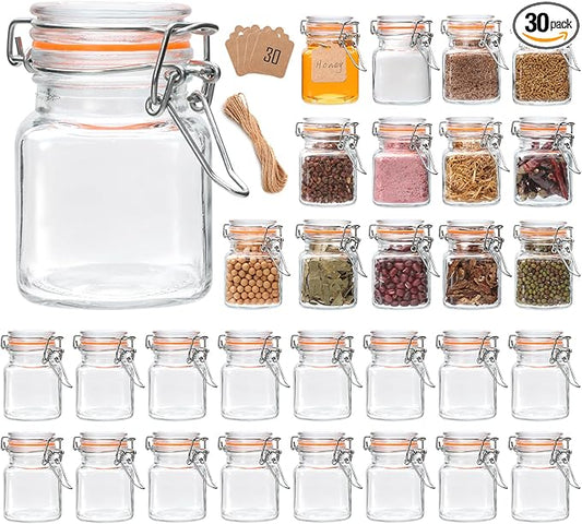 4 oz Glass Jars With Airtight Lids And Leak Proof Rubber Gasket,Small Mason Jars With Hinged Lids For Kitchen, Mini Spice Jars With Twine And Tags Labeling 30 Pack