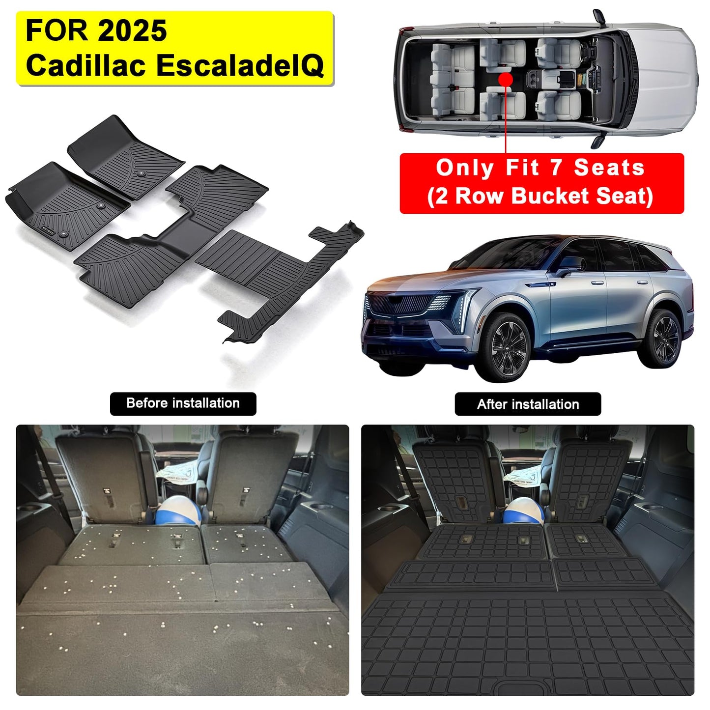 Floor Mats for 2025 Cadillac Escalade IQ 7 Seats&Cargo Mat with Backrest Protection&2nd Row Kick mat, TPE All Weather Protection Full Set Car Liners Accessories Covering The Backrest Mat-Black