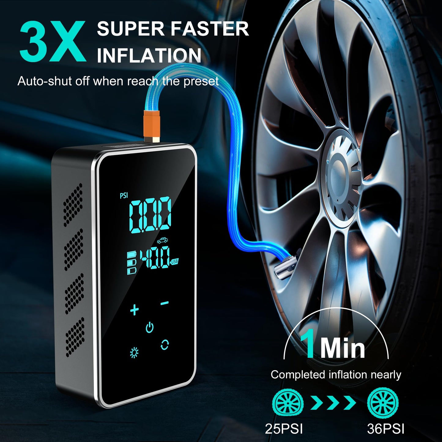 Tire Inflator Portable Air Compressor for Car Tires-Super Battery Air Pump 150 PSI- Tire Pump Electric with Touch Screen-Portable Tire inflator with Gauge for Bike, Motocycle, Ball-Black Green
