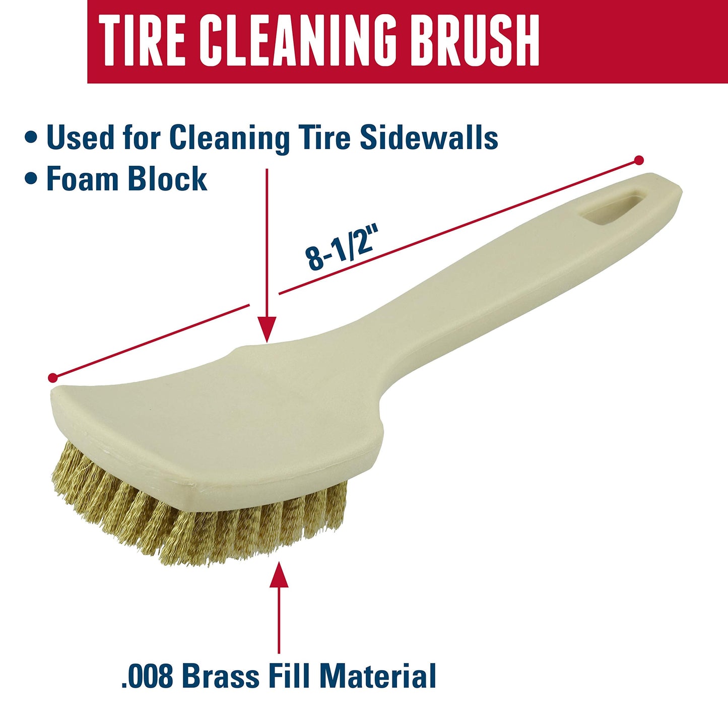 Weiler 99593 Tire Cleaning Brush, 0.008" Wire Size, 8-1/2" x 2-9/16" Block Size, 8 x 9 Rows, Brass Fill, Foam Block, Made in the USA
