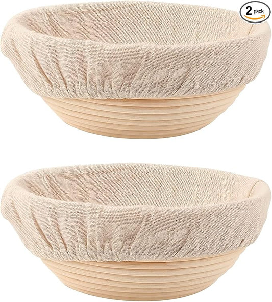 DOYOLLA Round Bread Dough Proofing Rising Rattan Baskets(Set of 2, 9 inch) w/Liners for Home Sourdough Bread Bakers