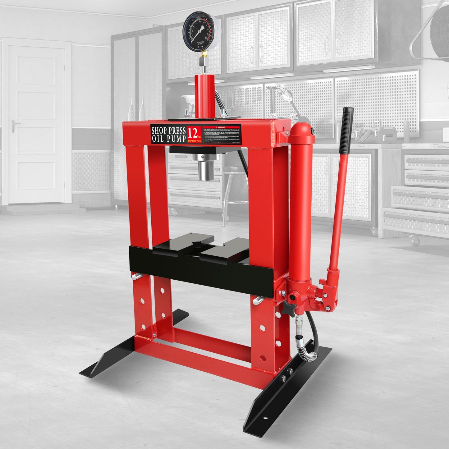12 Ton Adjustable Benchtop Hydraulic Shop Press Metalworking Garage Workshop Tool w/Stamping Plates & Pressure Gauge Manual Hand Pump Steel Frame Compact Heavy-Duty Pressing Tool