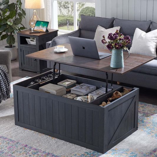 IFGET 48" Lift Top Coffee Table, Farmhouse Cocktai with Sliding Groove Barn Door, Rustic Wood Center Table w/Double Storage Spaces for Living Room, Dark Grey