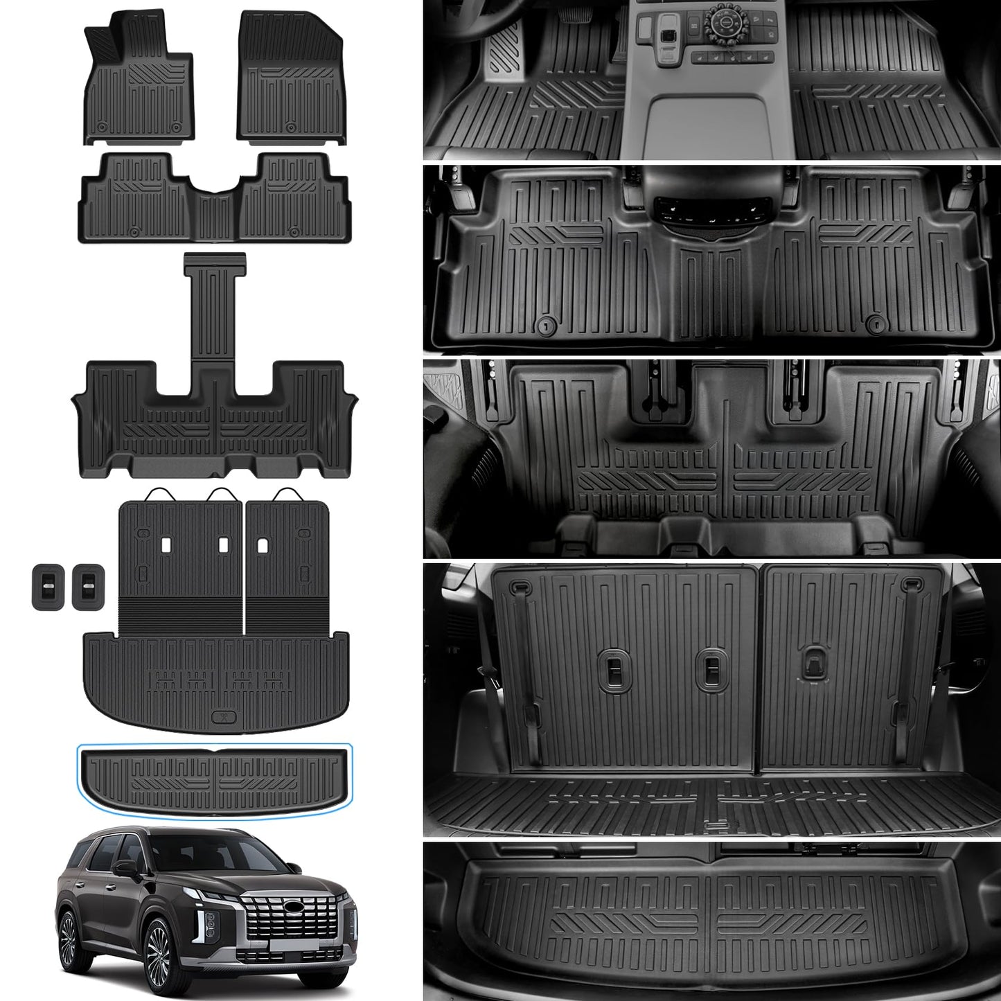 HOUCLEMIC Floor Mats for 2020-2024 2025 Hyundai Palisade 7/8 Passenger, Trunk Mat with Seat Back Cover and Lower Cargo Mat All Weather Interior Protector for Hyundai Palisade Calligraphy Accessories