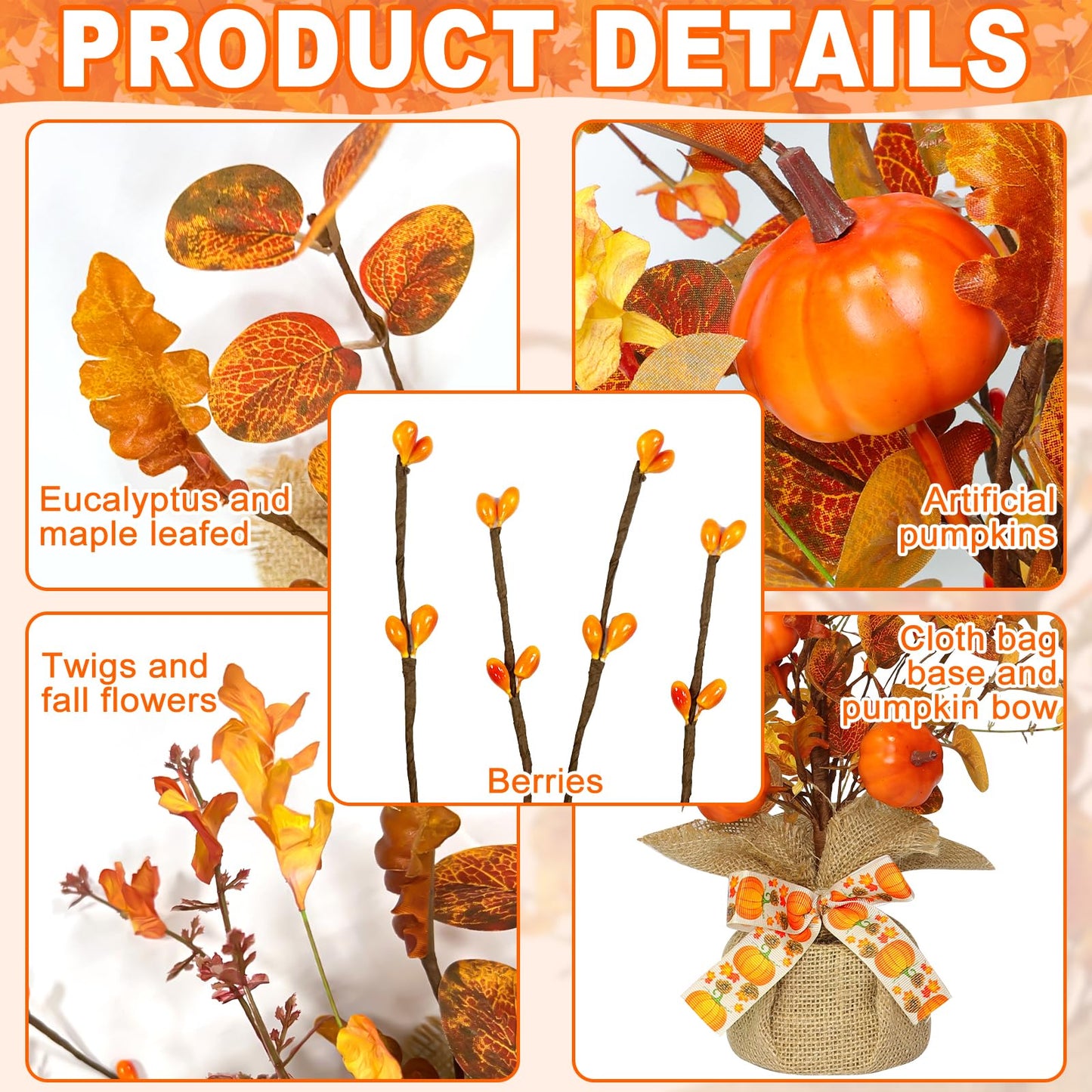 2 Pack & Timer - TURNMEON Lighted Fall Tree Tabletop Fall Decor with 30 LED Battery Operated Artificial Eucalyptus Tree Pumpkins Floral Berries Burlap Base Fall Thanksgiving Decorations Home Indoor