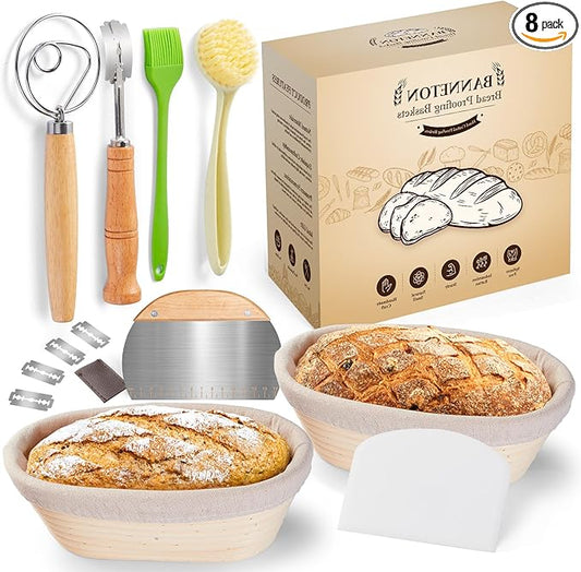 Banneton Bread Proofing Baskets and Sourdough Bread Baking Supplies - Sourdough Starter Kit 10" Oval Set of 2, 6 Accessories