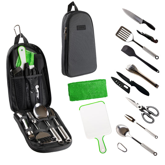 12 Pcs Camp Cooking Utensil Set & Outdoor Kitchen Gear Cookware Kit, Portable Compact Carry Case for Camping, Hiking, Travel, BBQ Grilling Stainless Steel Accessories Spoon & Fork, Navy