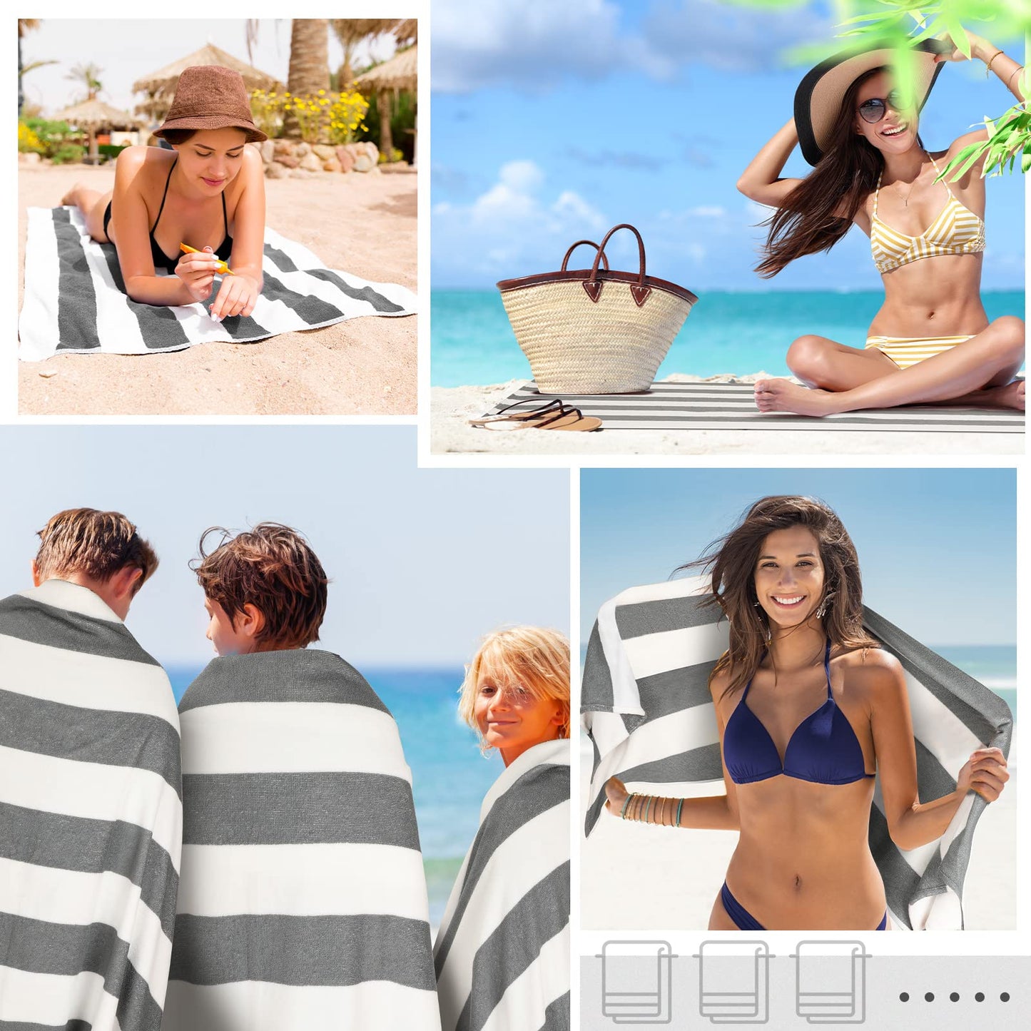Tranqun 20 Pack Oversized Striped Beach Towels Bulk 30 x 70 Inch Quick Dry Large Beach Pool Towel Absorbent Soft Swim Towels Set for Beach Gym Hiking Pool Backpacking Bath Yoga White Grey