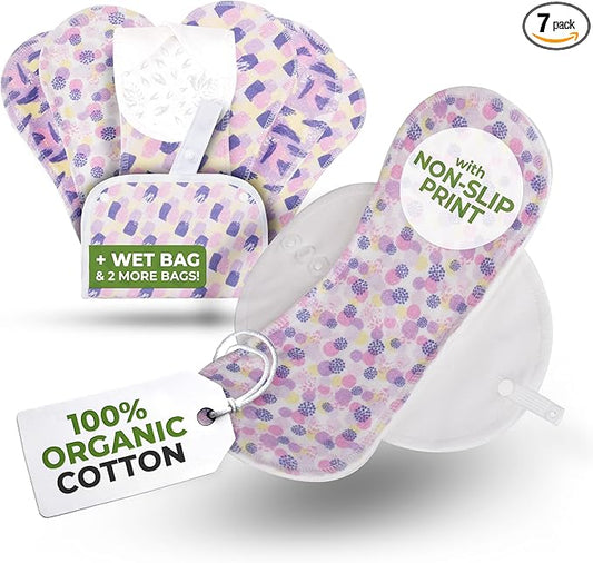 Non-Slip Organic Reusable Panty Liners for Women & Teens (Medium, 7-Pack); High-Temp Washable Cotton Cloth Liners; Stay Fresh & Dry, for Daily Vaginal Discharge Only; 100% Breathable (no PUL/TPU)