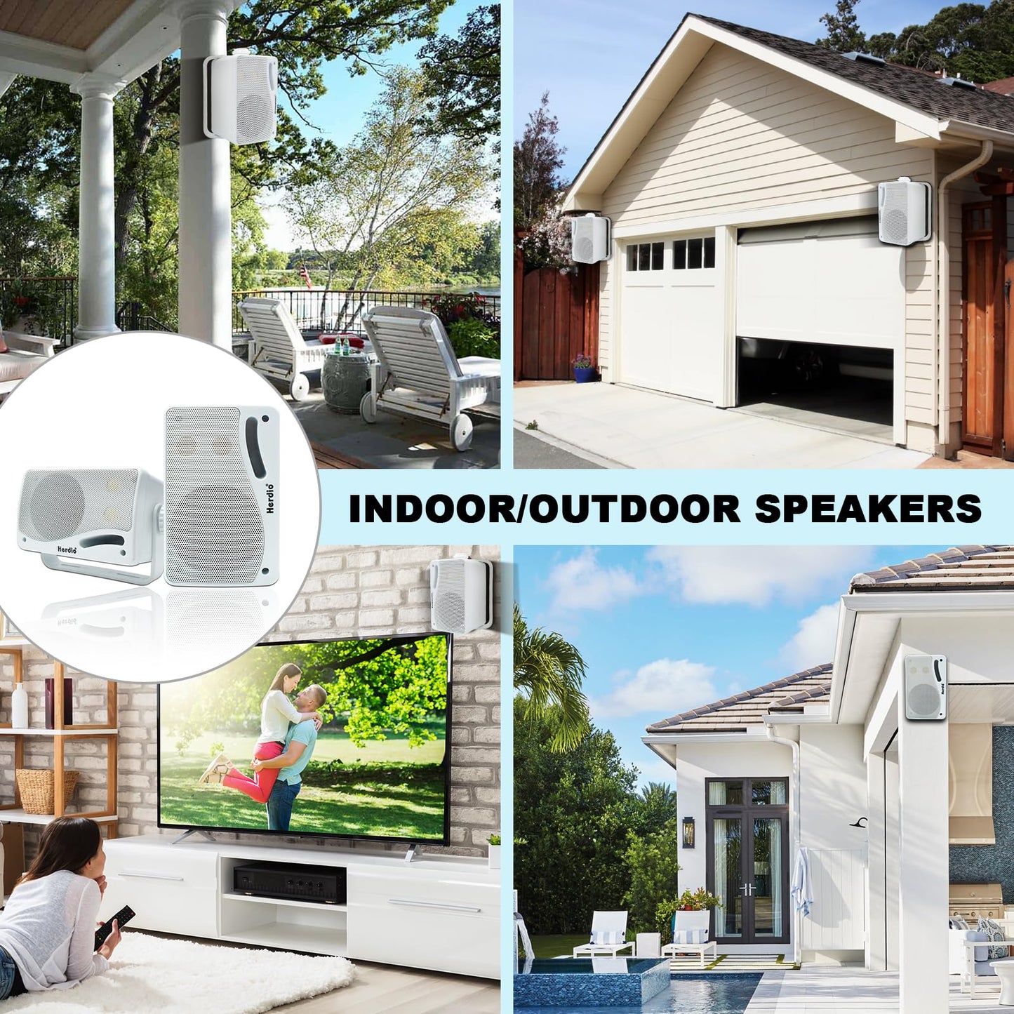 Herdio 3.5 Inch Passive Outdoor Speakers Wired Waterproof, 200W 3 Way Premium Mountable Wall Mount Speakers with Superior Sound, All-Weather Durability, for Patio Marine Boat Garage Indoor(White Pair)