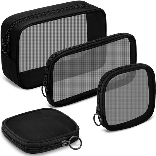 Weewooday 4 Pcs Mesh Makeup Bag Mesh Cosmetic Bag Travel Toiletry Pouch with Zipper Mini Makeup Cosmetic Purse for Daily Accessory(Small, Large, Medium,Black)