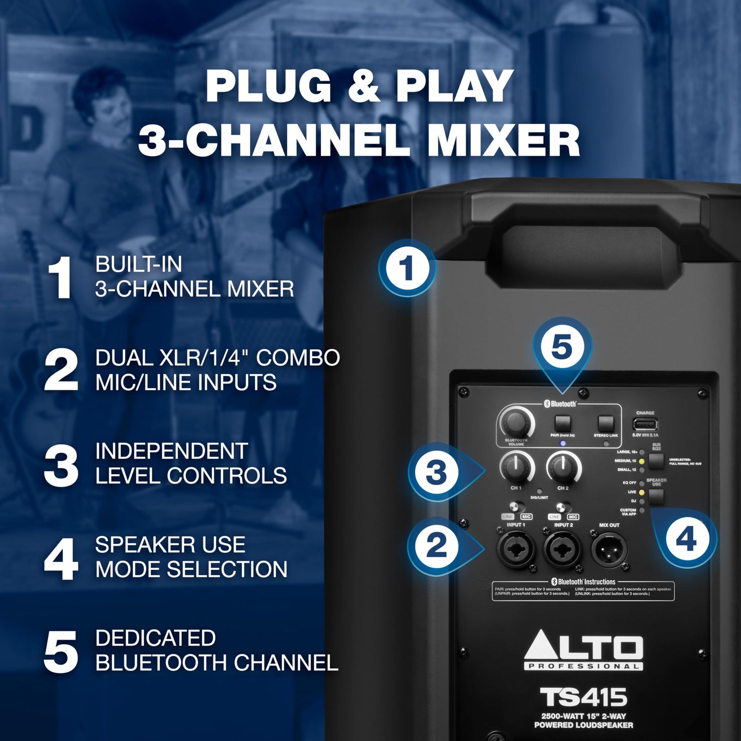 ALTO TS415 2500W 15" Powered PA Speaker with 3 Channel Mixer, Bluetooth Streaming, Wireless Loudspeaker Linking, DSP and ALTO App