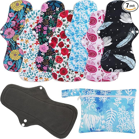 PHOGARY Reusable Menstrual Pads (7 in 1), Bamboo Cloth Pads for Heavy Flow with Wet Bag, Washable Overnight Cloth Panty Liners Period Pad, Large Sanitary Pad Set with Wings for Women
