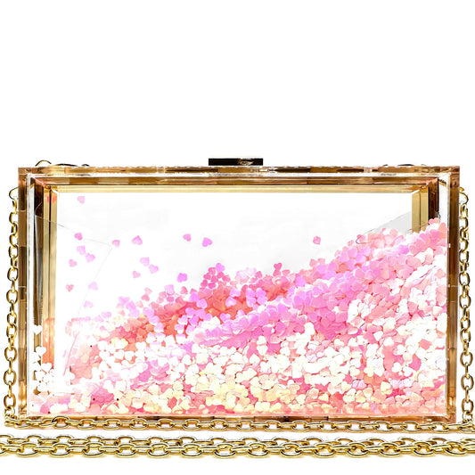 JeVenis Womens Transparent Sequins Chain Clutch Evening Handbag Party Cross-body Purse (Love Pink)