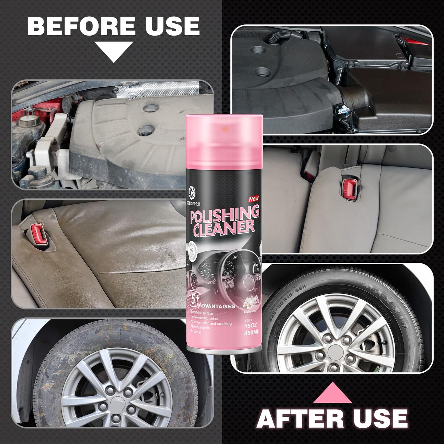 Car Interior Cleaner, Polishing Cleaner Detailer Spray for Vehicle Detailing, 450ml Aerosol 15 fl oz with Iron Can (2-Pack)