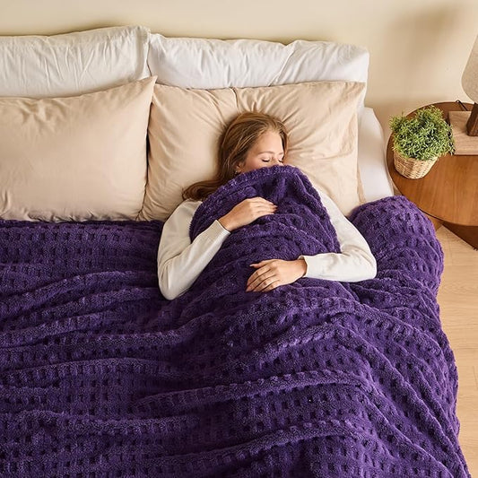 NEWCOSPLAY Super Soft King Blanket Purple Premium Silky Flannel Fleece 3D Waffle Checkered Lightweight Bed Blanket All Season Use (Dark Purple, King(90"x110"))