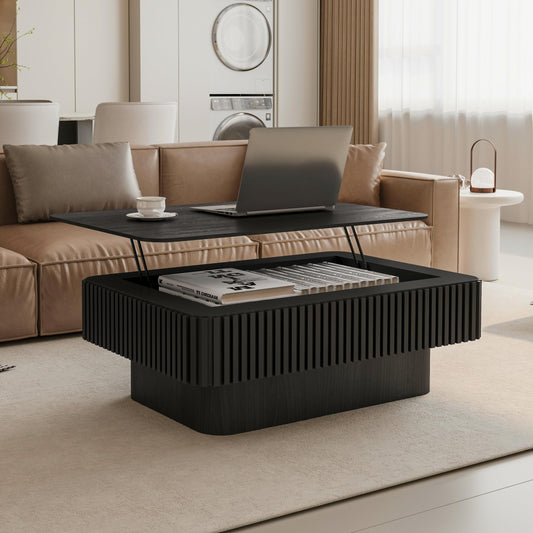 Black Coffee Table with Lifting Top Storage for Living Room,Fluted Lift Up Coffee Tables with Storage Solid Wood Center Table 38.6'' Modern Smart Rectangular Lift Up Tabletop for Apartment Office