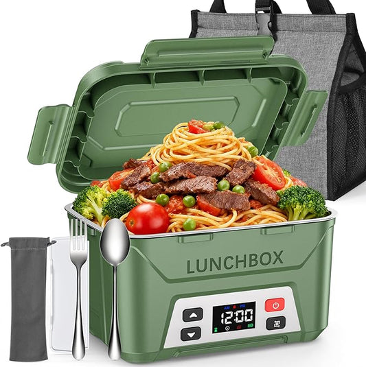 EAST OAK Heated Lunch Box for Men, Electric Lunch Box for Adults, 5.5 Cups Cordless Portable Food Warmer, Rechargeable Self Heating Food Heater with Memory Function, Automatic Keep Warm(Green)