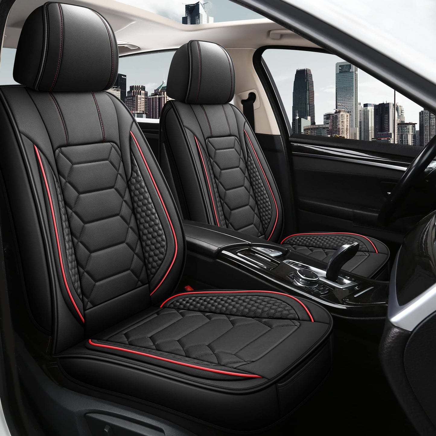HAIYAOTIMES Leather Car Seat Covers Full Set, Waterproof Faux Leather Seat Covers for Cars, Non-Slip Car Interior Covers Universal Fit for Most Cars Sedans Trucks SUVs, Black/Red