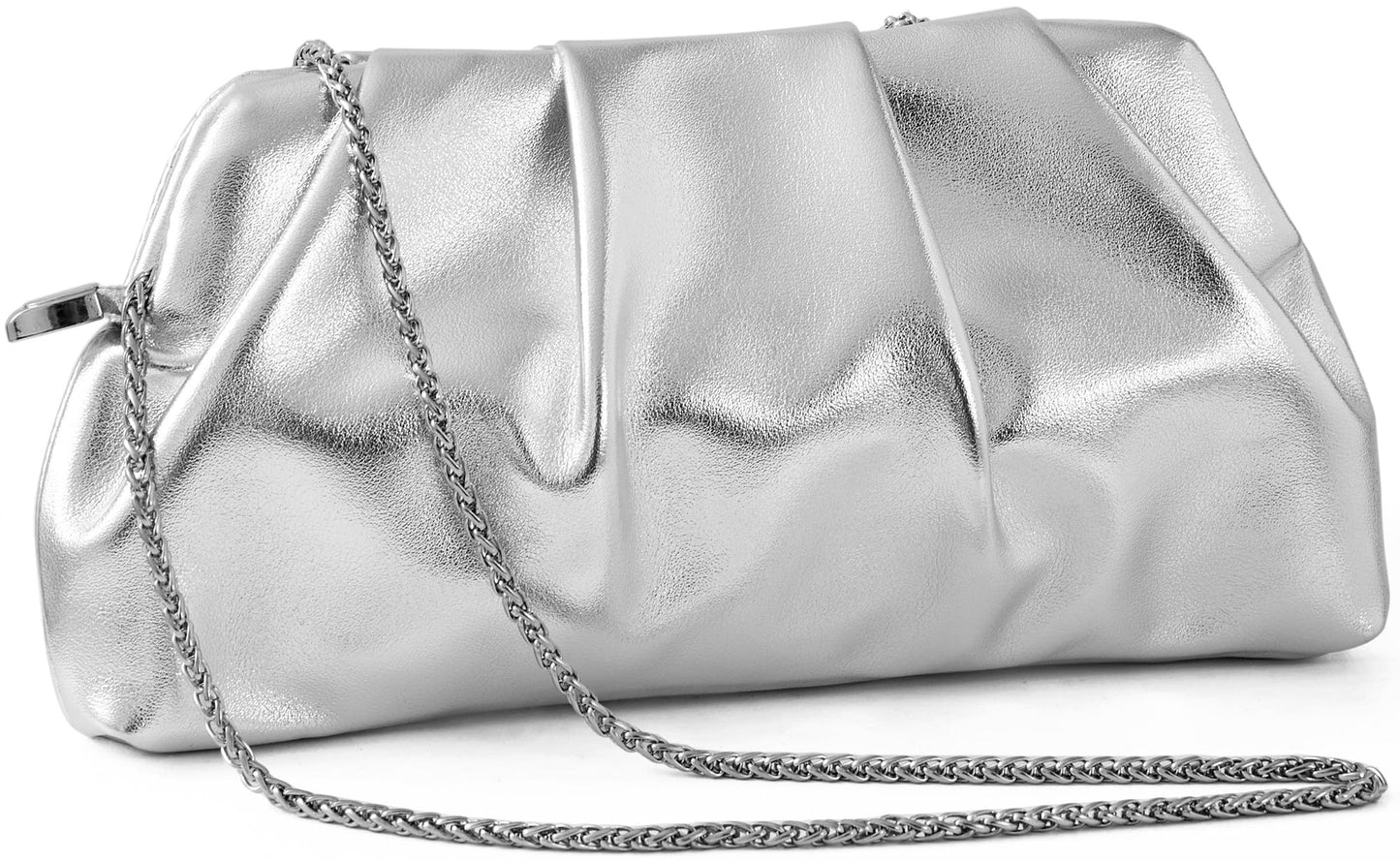 Evening Bag for Women Ruched Clutch Purse Detachable Metal Chain Crossbody Bag(silver)
