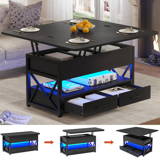 Itaar 40" Lift Top Coffee Table, 4 in 1 Coffee Tables with Storage for Living Room, Small Farmhouse Coffee Table with 2 Drawers & LED Light for Dining Reception Room, Black