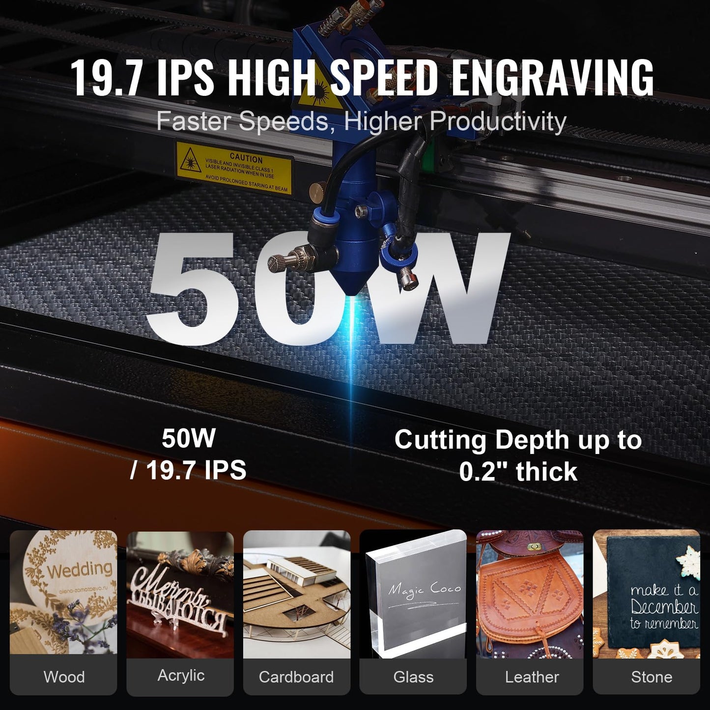 VEVOR 50W CO2 Laser Engraver, 12 x 20 in, 19.7 IPS Laser Cutter Machine with 2-Way Pass Air Assist, Compatible with LightBurn, CorelDRAW, AutoCAD, Windows, Mac OS, Linux, for Wood Acrylic Fabric More