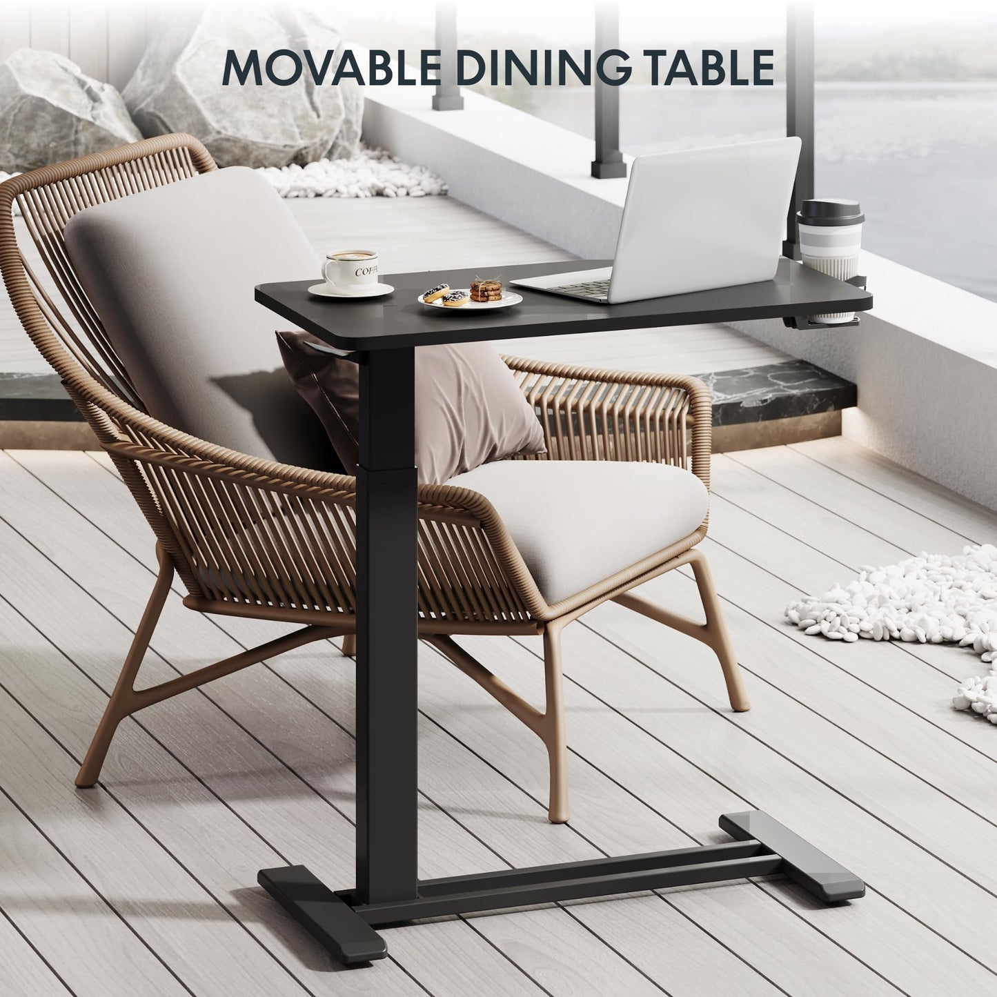 FLEXISPOT H7 Adjustable Overbed Bedside Table with Wheels Pneumatic Mobile Standing Desk Laptop Desk Rolling Computer Cart Movable Overbed Tables Hospital Home Use(27.6" W x 15.7" D, Black Table)