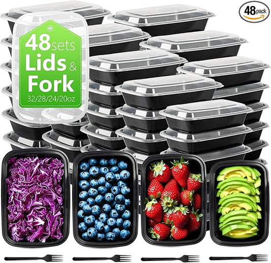 Assorted Meal Prep Containers Bulk 48 Set with Lids and Forks - 20oz - 24oz - 28oz -32oz, Reusable Food Containers Leakproof Snack Container, Freezer Safe and Leakproof Plastic Lunch Take Out Box