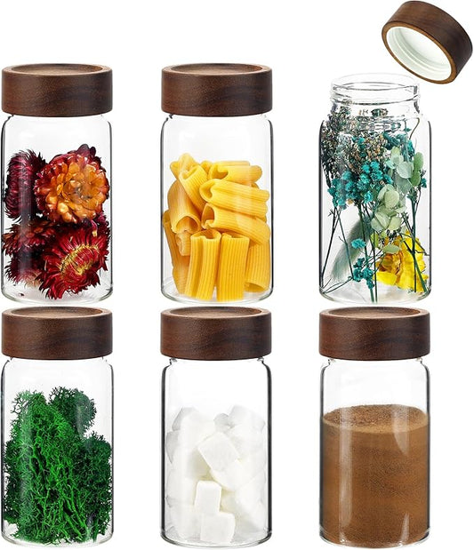 8oz Airtight Glass Jars Small Spice Storage Canister with Wooden Lid Clear Glass Food Container Canning Jar for Cookies Overnight Oats Yogurt Pantry Sugar Tea Coffee Bath Salts (6×250ml(8.4oz))