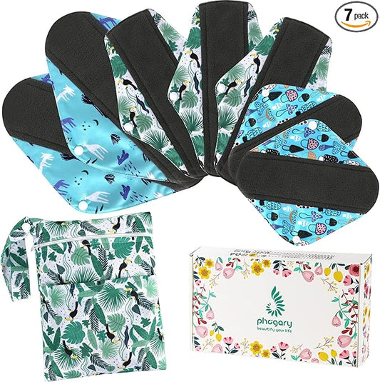 PHOGARY Reusable Menstrual Pads, Bamboo Cloth Pads for Heavy Flow with Wet Bag, 3 Sizes Sanitary Pads Set with Wings for Women, Washable Overnight Cloth Panty Liners Period Pads
