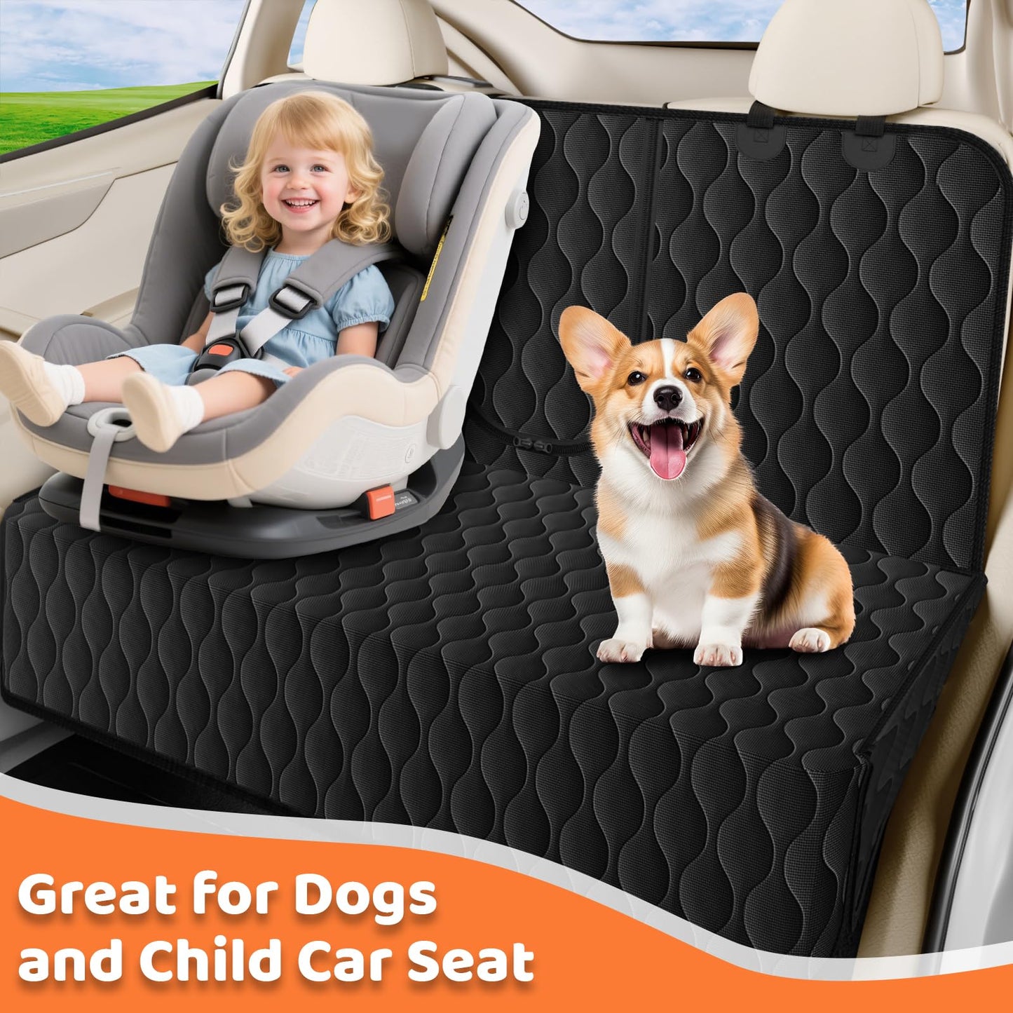 URPOWER Dog Car Seat Cover for Back Seat - Waterproof Bench Seat Cover Fits Middle Armrest for Cars, SUVs & Small Trucks, Nonslip Backseat Dog Covers Rear Seat Protector for Pets and Child