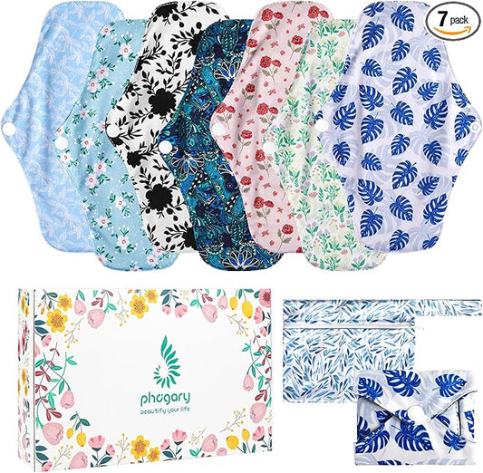 PHOGARY 7 Packs Reusable Menstrual Pads with Wings, Breathable Mesh Surface Cloth Sanitary Pads for Heavy Flow with Wet Bag, Washable Overnight Cloth Panty Liners for Women