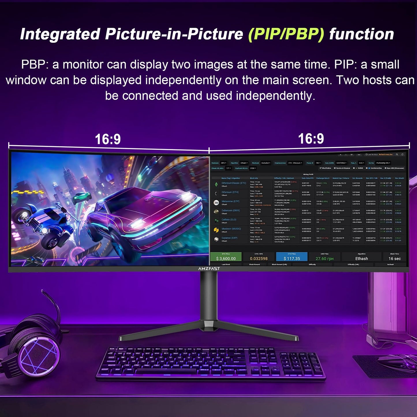 Amzfast 49 Inch Curved Monitor 120Hz DQHD 5120x1440p Ultrawide Gaming Monitor, 120% sRGB, 3000:1, 1ms, HDR, Adaptive Sync, PIP/PBP, Low Blue Light, HDMI 2.0/DP 1.4, VESA 75x75, AMZG49C7U