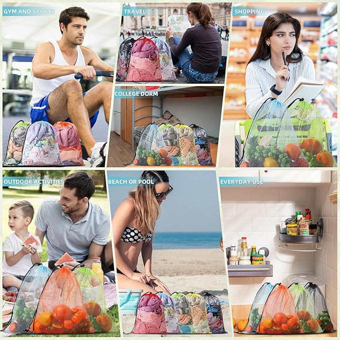 Mesh Drawstring Bag 40Pcs - Multicolor Nylon Laundry Bag for College, Gym, Yoga, Sport, Travel, Beach - Small With Locking Closure