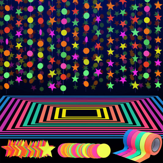 WILLBOND 127ft Neon Party Supplies Set, 6 Colors UV Blacklight Reactive Tape, Neon Paper Garlands Circle Dots Stars Hanging Decorations for Birthday Wedding Glow Party Decorations