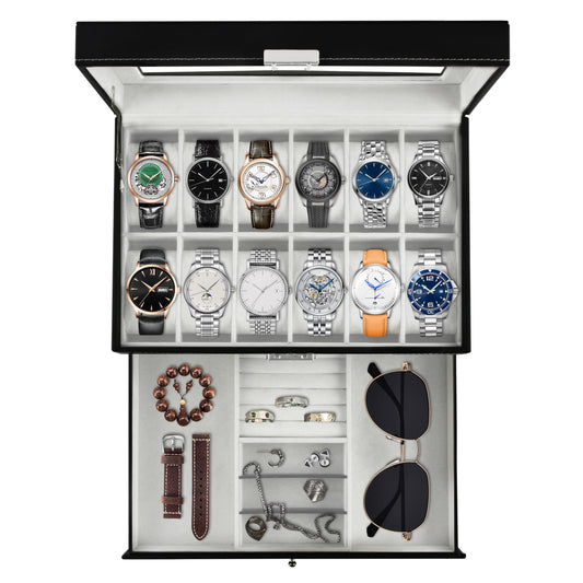 Ogrmar 12 Slot PU Leather Lockable Watch Storage Boxes, Men & Women Jewelry Display Drawer Case, 2-tier Organizer Watch Showcase with Glass Lid (Black)