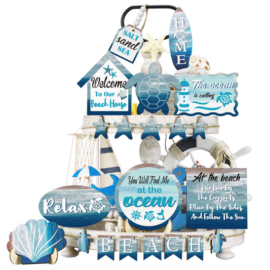 Maitys 21 Pcs Summer Beach Tiered Tray Decor Set Farmhouse Tray Decor Items Sea Turtle Shell Conch Wood Sign Rustic Beach Table Decoration for Home Kitchen Hawaii Party Holiday Outdoor Shelf