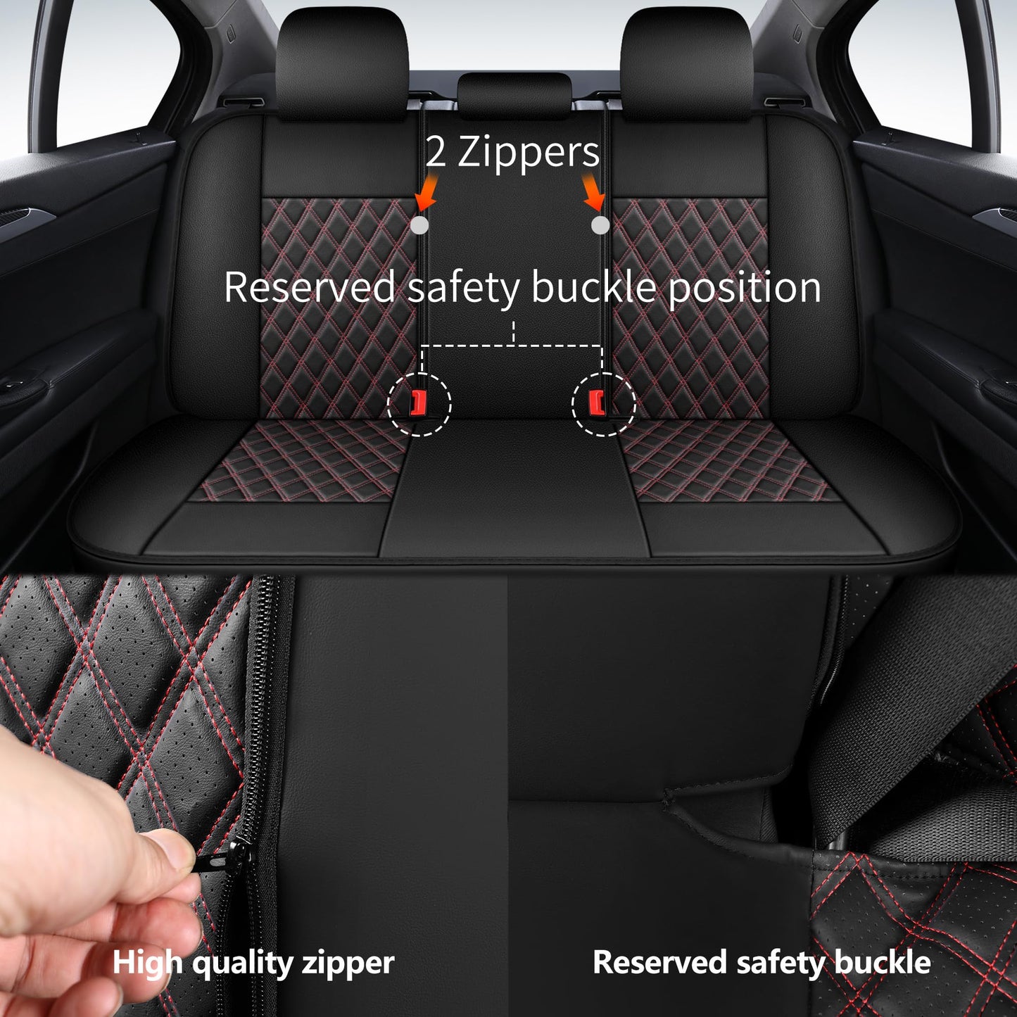 HChengkikz Car Seat Covers Full Set,Breathable and Waterproof Napa Leather Car Seat Cover,Interior Universal Fit for Cars,Sedans,SUVs,Vans,Trucks(Full Seat,Black+Red,N3)