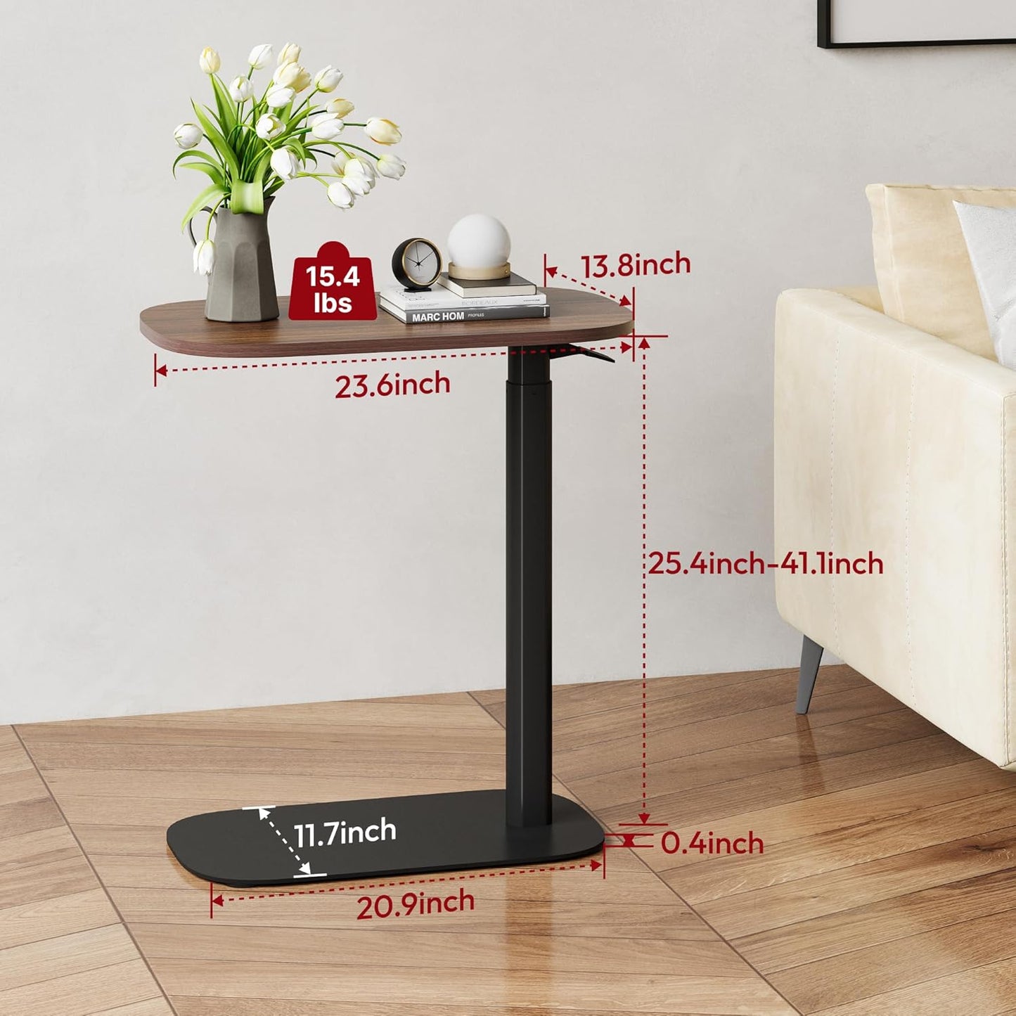 SANODESK Adjustable Overbed Bedside Table Pneumatic Adjustable Height Laptop Computer Standing Desk Cart with Tray, Hospital and Home Use(23.6" W x 13.8" D, Walnut)