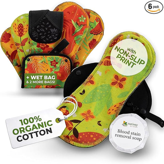 Non-Slip Premium Reusable Period Pads for Heavy Flow & Incontinence (L+XL, 6-Pack); High-Temp Organic Cotton Washable Cloth Pads for Women; Non-Irritating Reusable Pad Menstrual for Comfortable Care
